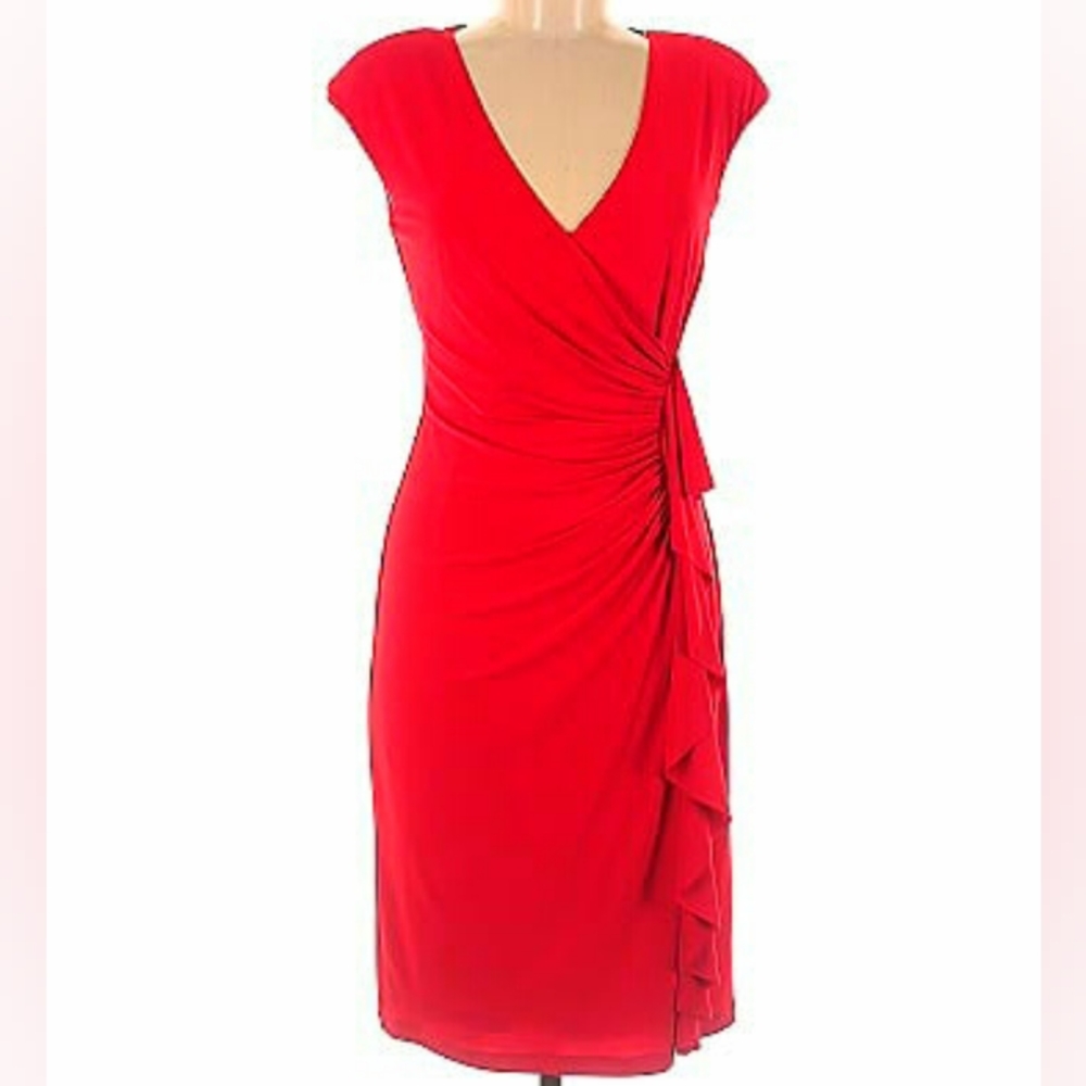KASPER Women's Red Fitted Cascade Ruffle Dress Size 14W